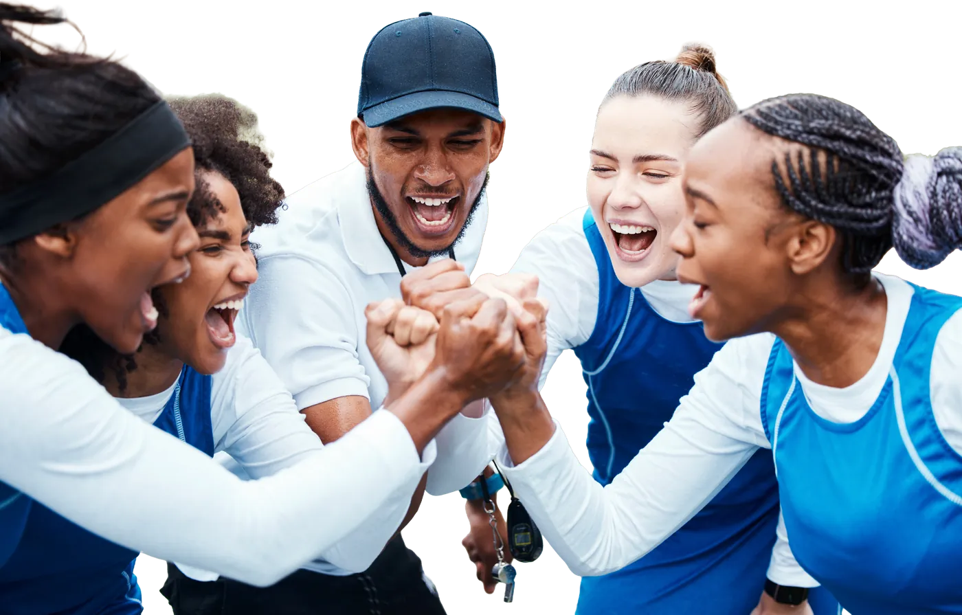 A coach and athletes celebrating together in a huddle